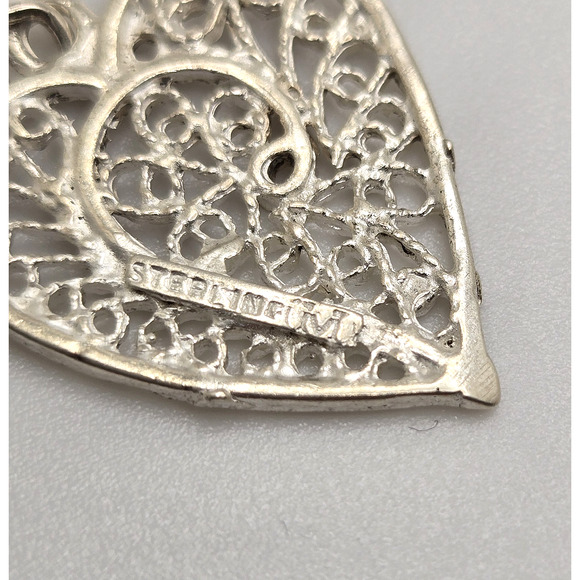 Vintage Sterling Silver Heart Earrings Diamond Cut Open Work Ornate Boho Classic - Picture 6 of 13